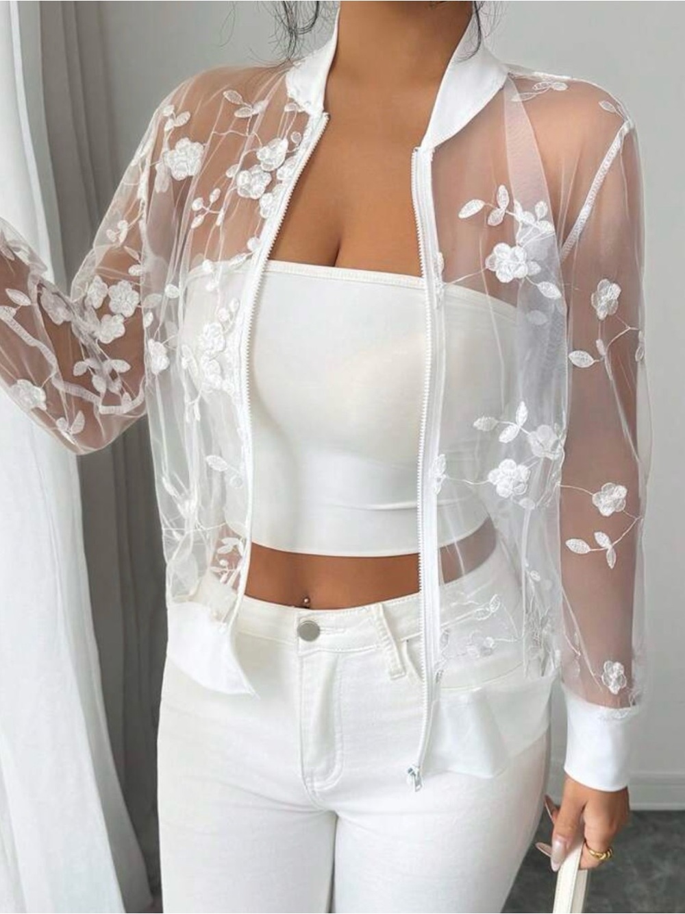 White Sheer Floral Embroidered Bomber Jacket